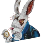 Détail de l'illustration du lapin de Alice aux pays des merveilles peint sur la comtoise rénovée